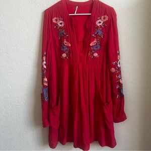 Free People Red Floral Embroidered Mini Dress
